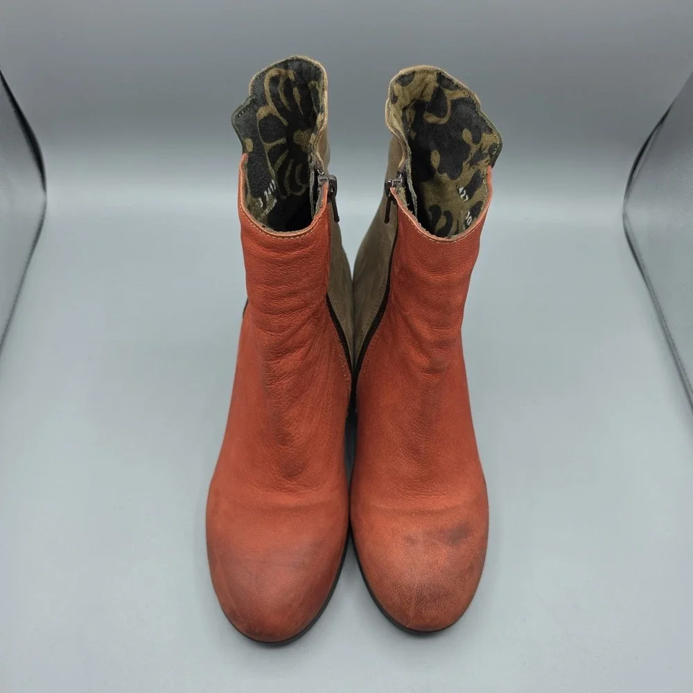 Fly London Booties Womens 39‎ Red Orange Brown Leather Distressed Wedge Zipper